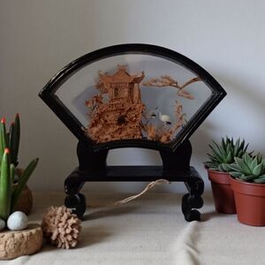 Vintage Mini Hand Carved Cork Sculpture Diorama Black Lacquer Temple with Cranes
